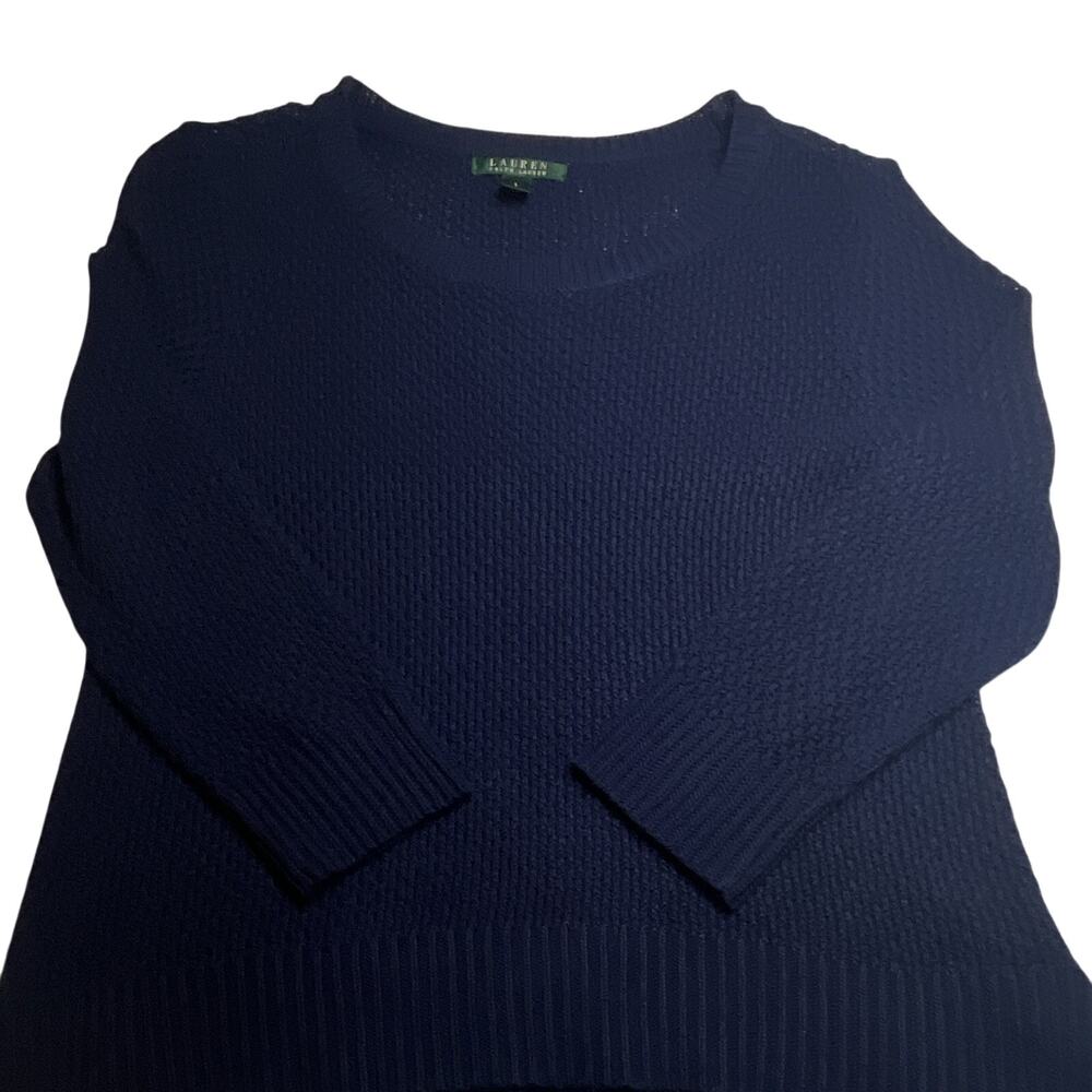 Lauren Ralph Lauren Navy Cotton Knit Crew Neck Ribbed Long Sleeve Sweater L